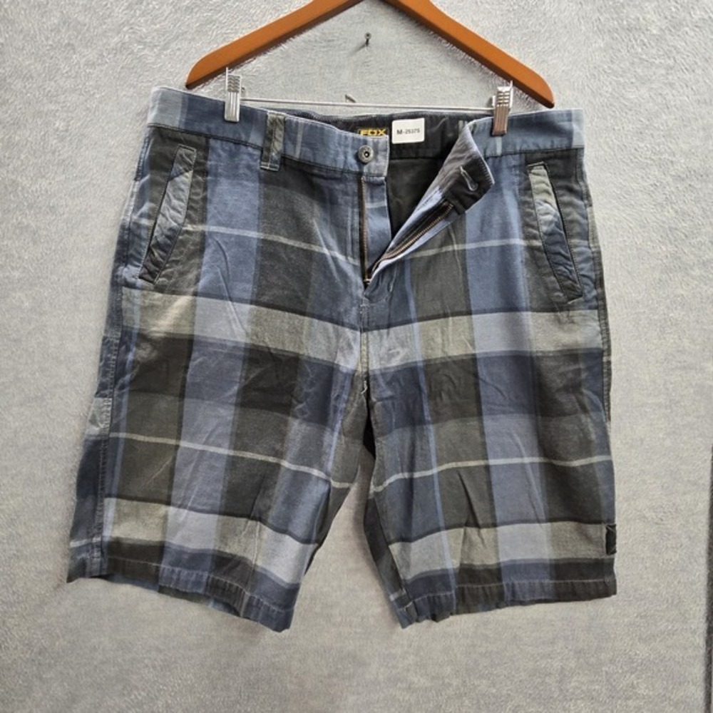 FOX Men Shorts W-40‎ Blue Plaid Chino Zipper 10" Inseam Grunge Skater Y2K